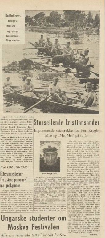 NM-gull til Kristiansand Roklubb. Faksimile fra Fædrelandsvennen 23. juli 1957