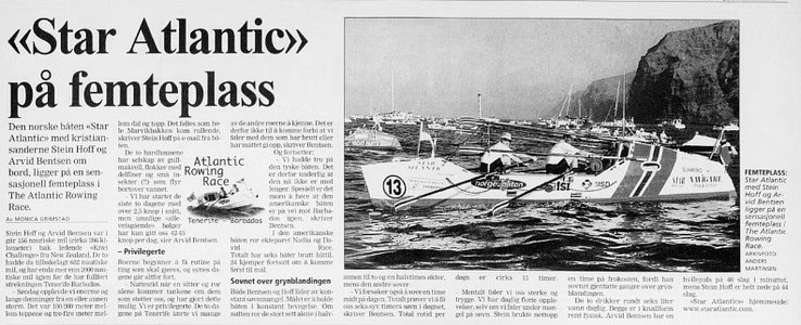 Roklubbens Stein Hoff og Arvid Bernsen var en del av mannskapet på Star Atlantic, som hevdet seg godt i The Atlantic Rowing Race. Faksimile fra Fædrelandsvennen 29. oktober 1997.
